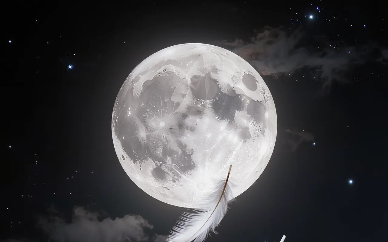 Großer Vollmond am Sternenhimmel, von dem eine weiße Feder herabschwebt, als Sinnbild medialer Verbindung